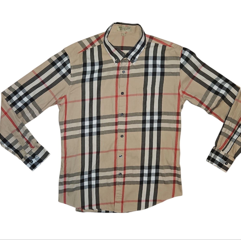Burberry Tan Plaid Casual Button Down Shirt